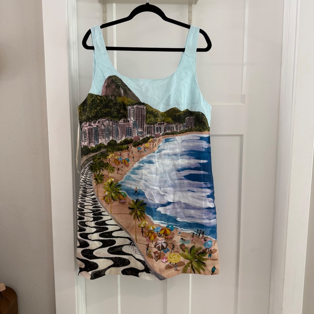 Farm Rio Multicolor Copacabana Beach Mini Dress XL Linen Scenic Print NWT
